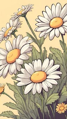 a bunch of daisies in a vase on a yellow background with butterflies flying around