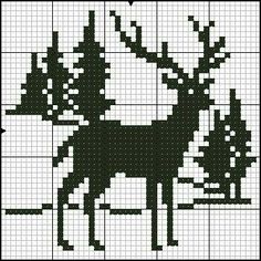 a black and white cross stitch pattern with a deer standing in the snow next to trees