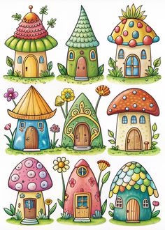 a group of cartoon houses with different colors and designs on them, all in the same pattern