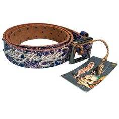 Vintage Y2k Leather Belt Ed Hardy Logo Embroidered Skull And Eagle Graphic Rhinestones And Studs All Over Purple Floral Design Nwt Adult Size Medium Thank You Ed Hardy Accessories, Ed Hardy Belt, Cool Belts, Tattoo Y2k, Medium Tattoos, Y2k Rock, Vintage Ed Hardy, Embroidered Skull, Y2k Belt