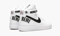 Supreme and Nike Sportswear dropped another one of their monumental collaborations in 2014, with three colorways of the Air Force 1 High including this version in white leather with black accents. As you can expect, all three sold out instantly and have since become some of the most sought after Air Force 1s in years. World Famous, indeed. Buy Nike Shoes, Air Force 1s, Nike Air Force 1 High, Air Force 1 High, Stadium Goods, Aesthetic Shoes, New Sneakers, Black Accents, Nike Air Force 1