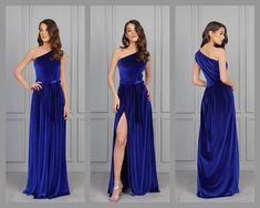 three different views of a woman in a blue one - shoulder dress with thigh high slit