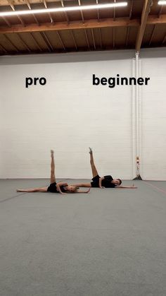 two women doing yoga exercises on the floor in an empty room with text reading pro beginner