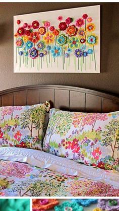 crocheted bedding with flowers and trees on the wall above it is an easy to make diy project