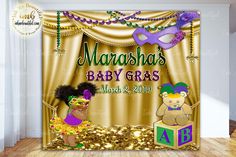 a baby shower curtain with a monkey and mardi gras theme