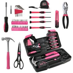 a tool kit with pink tools in it