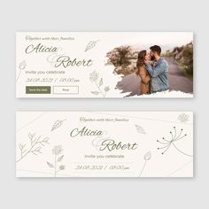 two wedding banners with flowers and leaves on the front, one is for a couple