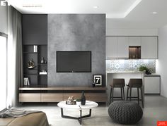 a modern living room with grey walls and furniture