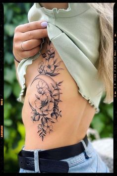 Rib Moon Tattoo Inspiration Crescent Moon Flower Tattoo, Underboob Cover Up Tattoo, Front Thigh Tattoos, Underboob Tattoos, Lower Back Tattoo, Rib Tattoos For Women, Hip Thigh Tattoos, Tattoos For Black Skin, Forearm Tattoo Women