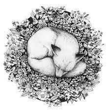 a black and white drawing of a sleeping cat surrounded by flowers