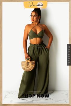 Fashion Women Clothing Solid Sleeveless Halter Crop Tops Wide Leg Pants Summer Two Piece Sets Casual Two-piece Pants For Vacation, Casual Sleeveless Two-piece Pants, High Waist Two-piece Summer Pants, Chic Solid Color Pants For Beach, Chic Solid Color Beach Pants, Summer Solid Two-piece Pants Set, Solid Color Two-piece Summer Pants, Chic Khaki Beach Bottoms, Chic Khaki Summer Pants