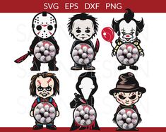 five halloween characters with different expressions on their faces and hands, all holding balls in each hand