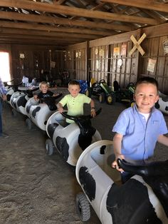 three boys are riding on toy cars made out of cows in a barn with other children