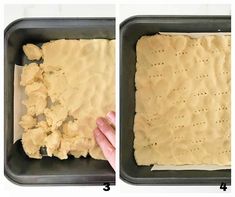 two pictures showing how to make homemade pizza crusts in a baking pan, and then the dough has been baked