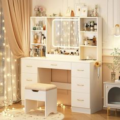 47" Large Vanity Desk with LED Lighted Mirror & Power Outlet & 7 Drawers, Makeup Vanity Table Set with Storage Stool and Hair Dryer Rack, White - Walmart.com Cute Vanity, Dressing Vanity, White Vanity Set, Bedroom Vanity Set, Dream Vanity