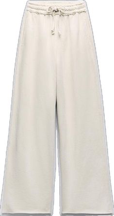 White Wide Leg Bottoms For Loungewear, White High Waist Wide Leg Pants With Elastic Waistband, White High-waisted Pants For Loungewear, White High-waisted Bottoms For Loungewear, White Wide Leg Loungewear Pants, White Wide Leg Lounge Pants, White High Waist Bottoms For Loungewear, Zara Cream Loungewear Bottoms, Zara Cream Bottoms For Loungewear