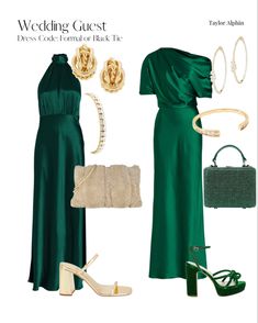 a green evening gown with matching accessories is featured in the article wedding guest, which features gold jewelry and handbags