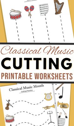 the musical music cutting printable worksheet is shown in two different colors and sizes