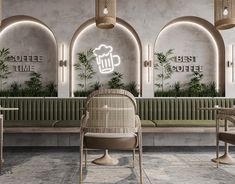 the interior of a coffee shop with chairs, tables and signs on the wall behind them