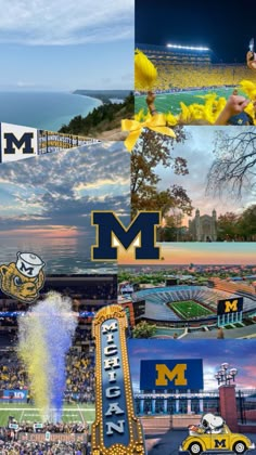 collage of michigan university images with the word michigan on it and an image of a stadium