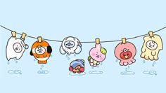 cartoon characters hanging on clothes line with water droplets and laundry lines in the foreground