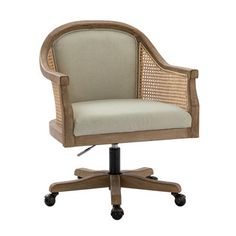 a chair that is sitting on top of a wooden base and has a beige upholstered seat