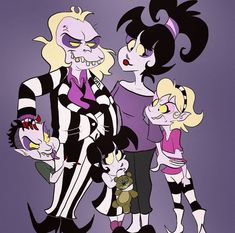 an image of cartoon characters with creepy expressions on their faces and hair, standing in front of a purple background