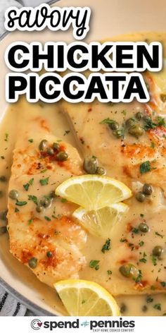 chicken piccata with lemons and capers in a white sauce on a plate