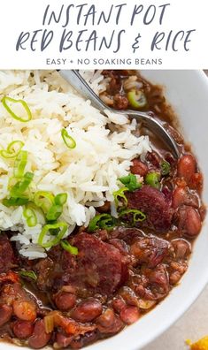 instant pot red beans and rice in a white bowl with a spoon on the side