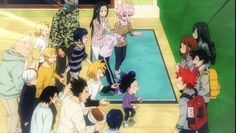 an anime scene with many people standing around and one person pointing at something on the ground