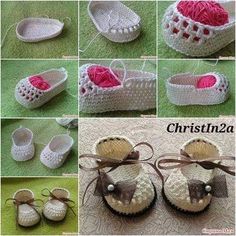 crocheted baby shoes and booties are shown in several different pictures, including one with