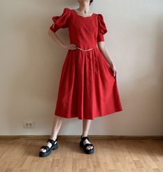 "Vintage Dirndl Dress Red Midi Dress Puff Sleeves Trachten Alpen Austrian National Costume Oktoberfest German Shown on model S Measurements(lying flat): Length: 47\"/ 119 cm Shoulder: 14\"/ 35.5 cm Pit to pit: 18\"/ 46 cm Waist: 16\"/ 40.5 cm Sleeve: 18\"/ 45.5 cm Please check measurements to insure a proper fit. Remember to allow yourself some extra room for movement. You can compare these with something from your closet that fits you well. Please convo me if you need additional measurements. C Red Short Sleeve Puff Sleeve Dress For Summer, Red Puff Sleeve Midi Dress For Spring, Red Spring Dress With Gathered Sleeves, Red Casual Puff Sleeve Midi Dress, Red Casual Fitted Puff Sleeve Dress, Red Fitted Puff Sleeve Casual Dress, Red Fitted Puff Sleeve Dress For Spring, Casual Red Puff Sleeve Midi Dress, Fitted Red Puff Sleeve Casual Dress