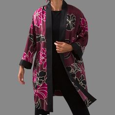 Keep Warm On Your Trip In Our Travelers Collection Print Kimono. This Lightweight Covering Features A Bold Floral Print That Makes It A Great Finishing Touch. Wear It Over Our Travelers Tanks, Tunics, And Pants When You Feel A Draft. Custom-Colored To Match Our Wrinkle-Free Travelers Classics. Classic Fit Long Sleeve Open Front Kimono. Length: 36". 98% Polyester, 2% Spandex. Machine Wash. Imported. Pink Tweed Jacket, Duster Kimono, Open Front Kimono, Black Suit Jacket, Kimono Duster, Bold Floral Print, Woven Jacket, Print Kimonos, Kimono Jacket