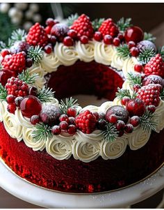 a red velvet christmas cake with white frosting and berries on top, sitting on a platter