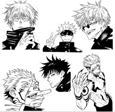 four black and white anime characters, one with his hand on the other's face