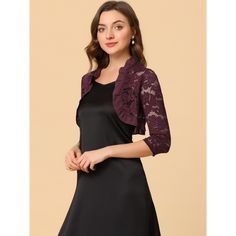 The ruffle collar, sheer floral lace fabric, and crop length give a unique, elegant touch. This cardigan shrug is perfect for layering over your favorite dresses or tops. It adds the right amount of coverage without taking away from the overall style of your outfit. If you're looking for a versatile and stylish piece to add to your wardrobe, the Women's Elegant Ruffle Collar Crop Cardigan Sheer Floral Lace Shrug Top is the perfect choice. It's a timeless piece that you can wear season after seas Chic Fitted Lace Cardigan, Fitted Lace Cardigan For Party, Elegant Fitted Lace Cardigan, Evening Shrug With Lace Trim, Spring Party Shrug With Lace Trim, Party Shrug With Lace Trim, Spring Party Lace Shrug, Spring Fitted Shrug With Lace Trim, Elegant Fitted Lace Trim Cardigan