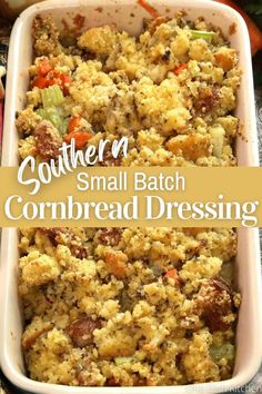 Cornbread dressing filled with chopped onions, carrots, and celery in a baking dish. Cornbread Dressing For Two, Small Batch Stuffing Recipe, Small Batch Stuffing, Small Batch Cornbread, Spagetti And Meatball Recipe, Easy Cornbread Dressing, Cornflake Recipes, Winter Dinners