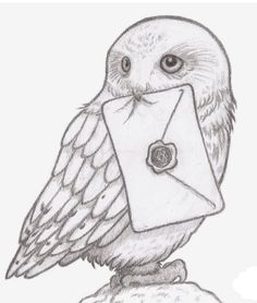 an owl is sitting on top of a rock with a letter in it's beak