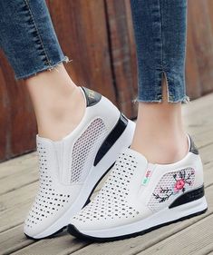 Women breathable mesh Sneaker Shoes #sneaker# White Wedge Heels, Cute Womens Shoes, White Casual Sneakers, Women's Slip On Shoes, White Sneakers Women, Heel Slippers, Ankle Boots Flat, White Shoes Women, Casual Slippers