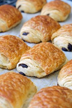 croissants with blueberries are lined up on a baking sheet and ready to be baked