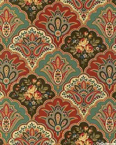 an intricately designed wallpaper with red, green and blue colors