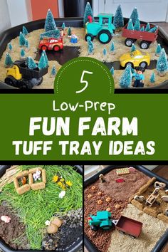 Pin text reads, 5 low-prep fun farm tuff tray ideas and shows 3 photos of set ups. Farm Tuff Tray Ideas, Farm Sensory Table, Animal Tuff Tray Ideas, Animal Tuff Tray, Tuff Tray Ideas Preschool, Tuff Tray Ideas Eyfs, Tuff Tray Ideas For Toddlers, Sensory Table Ideas, Farm Sensory