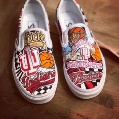 Indiana University custom vans.  Can be done with your school, college or logo, to your specifications.  Message me to start designing your own pair! College Shoes, Custom Vans Shoes, Painted Canvas Shoes, Broadway Show, Painted Sneakers, Blond Amsterdam, Creative Shoes, Stefan Janoski, Indiana University