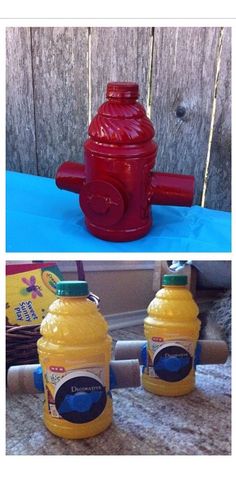 two pictures side by side one has a red fire hydrant and the other has yellow liquid