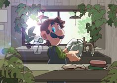 a cartoon character standing in front of a kitchen counter with an open book on it