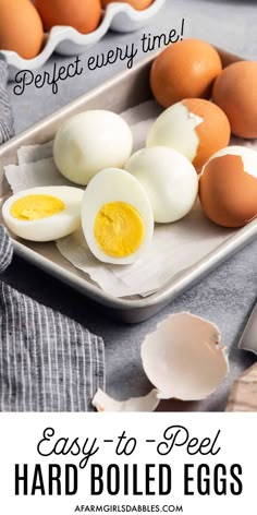 hard boiled eggs on a plate with text overlay