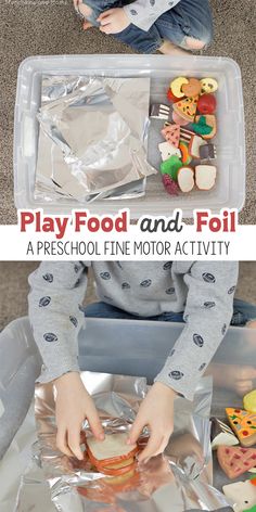 a child playing with play food and foil