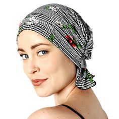 Pixie Chemo Beanies® Chemo Beanies, Women Face, Southwestern Style, Plaid Print, Polished Look, Woman Face, Black Floral, Design Features, Slip On