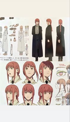 an anime character's hair and clothes are shown in various poses, including the man with red hair