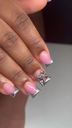 #nails #chromenailart #frenchtipnails #nails #nailsofinstagram #naildesign #nailtech #maintenance Blue French Tip Ideas, French Top Square Nails, Chrome Junk Nails, Overlay Nails Ideas, Short Chrome French Tip Nails, Duck French Tip Nails, Nails Acrylics Short, Short Chrome Nails Designs, Short Nail Inspired